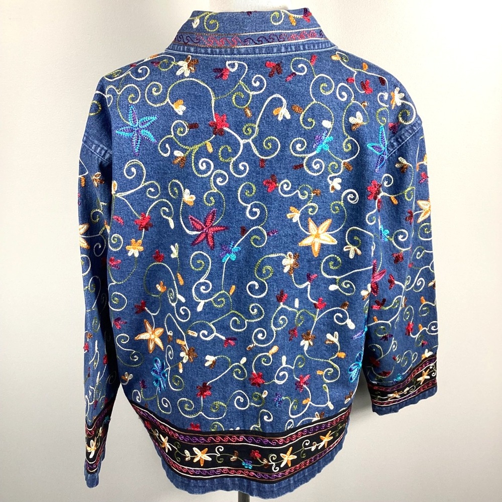 Denim Embroidered Flowers Jean Shirt Jacket Womens Size 1X Button Up Multicolor - Picture 2 of 14